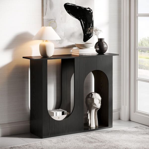 Turrella 39.37 in. Black Entryway Table, Rectangle Wood Console Table with Arched Design, Modern Foyer Table for Hallway