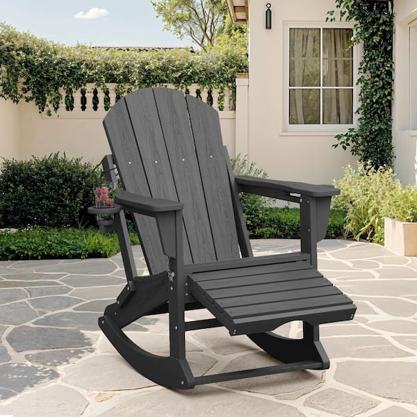 Adirondack Plastic HDPE Folding Outdoor Rocking Chair with Retractable Ottoman and Cup Holder for Patios in Gray