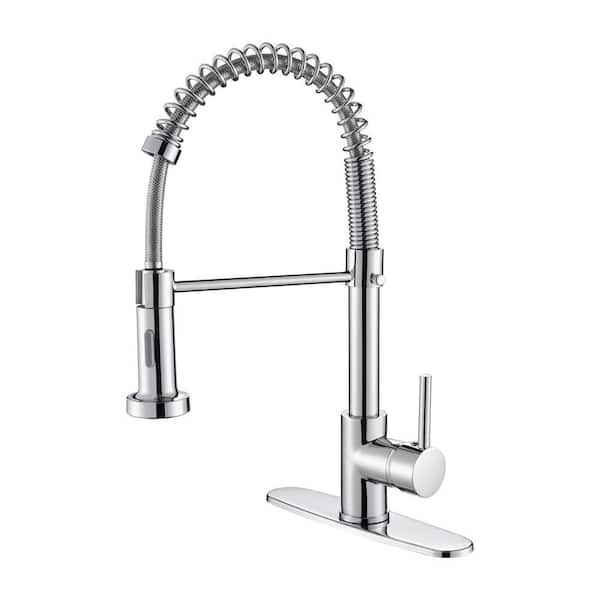 Single-Handle Pull Out Sprayer Coil Spring High-Arc Kitchen Faucet with Deckplate Sink Faucet in Chrome