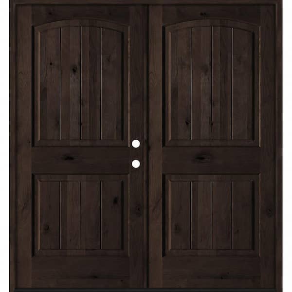60 in. x 80 in. Rustic Knotty Alder Arch Top VG Left-Hand/Inswing BEHR True Black Stain Double Wood Prehung Front Door