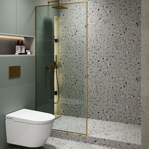 34 in. W x 74.25 in. H Fixed Full Frame Shower Door in Satin Brass Finish with Tempered Glass