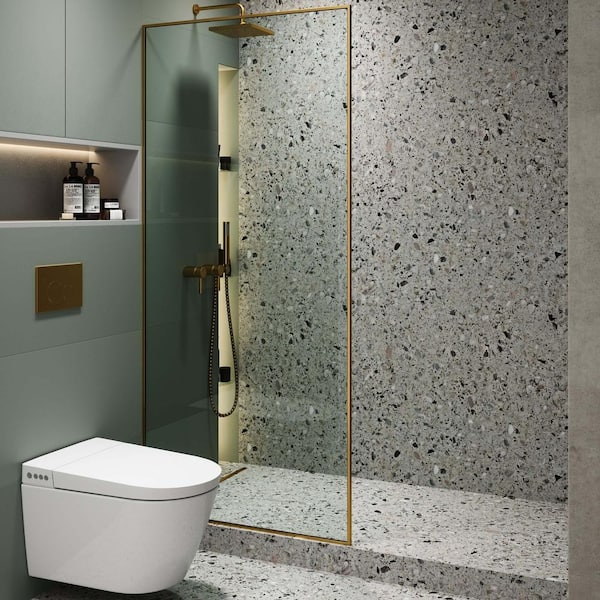 FINE FIXTURES 34 in. W x 74.25 in. H Fixed Full Frame Shower Door in Satin Brass Finish with Tempered Glass
