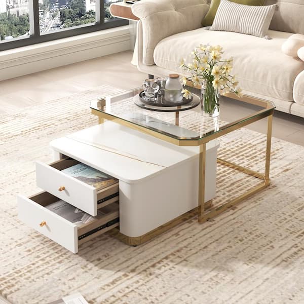 Tenleaf 2 Pieces 27.6 in. Modern White Square Glass Nesting Coffee Table with Drawers for Living Room