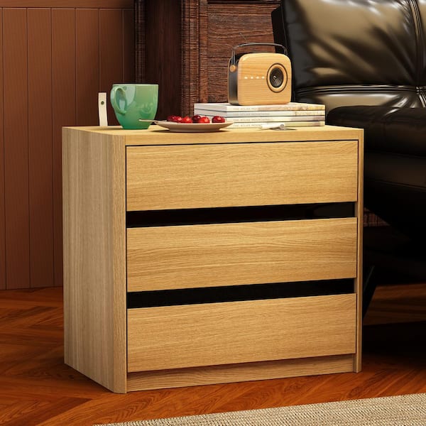 FUFU&GAGA 25.6 in. W Wooden Grain and Black Glass Rectangle Wood End Side Table, Nightstand with 3-Drawer