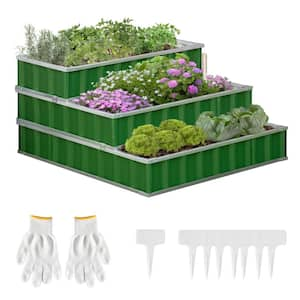 46.50 in. Green Steel Square Outdoor 3-Tier Planter Raised Beds with Pair of Gloves for Vegetables, Flowers and Herbs