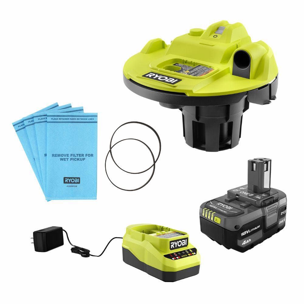 ONE+ 18V Cordless 5 Gal. Wet/Dry Vacuum Kit w/ 1-1/4 in. Hose, Crevice Tool, 4.0 Ah Battery, Charger & Filter Bags (4Pk) -  RYOBI, PCL732KA32RF09