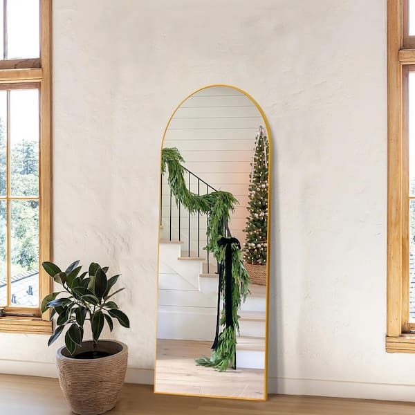 GOGEXX 21.26 in. W x 64.17 in. H Large Metal Gold Standing Mirror Arched Full Length Mirror Aluminum Framed Wall Mounted Mirror