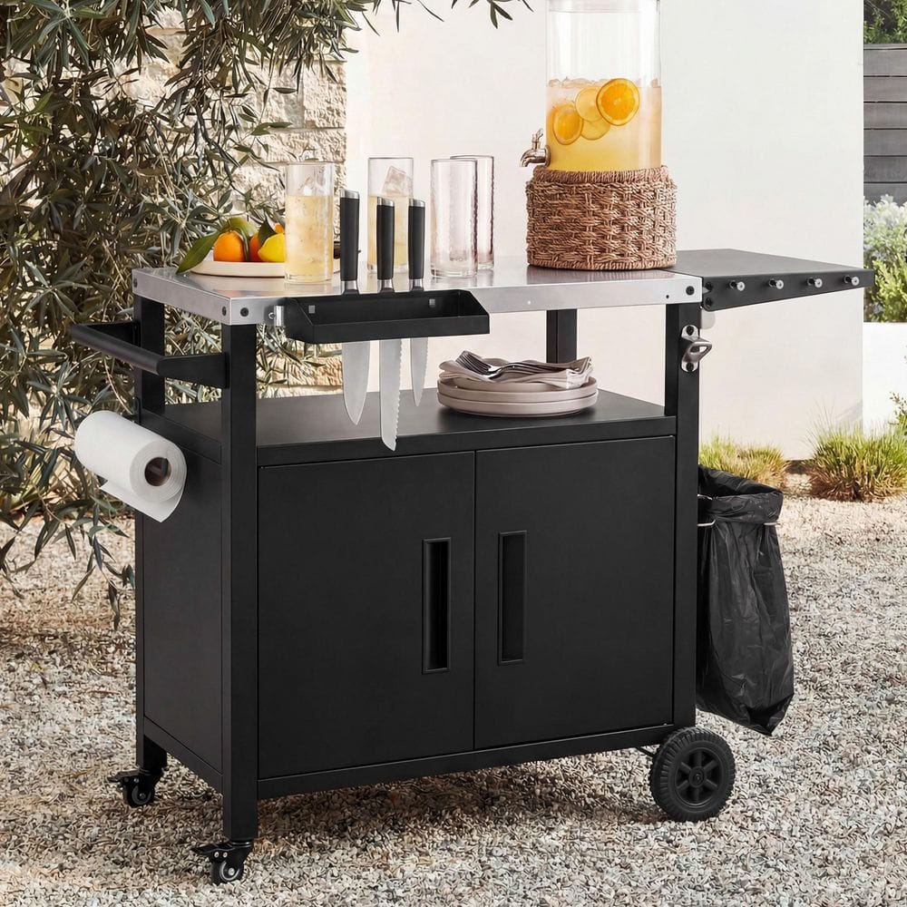 Harper & Bright Designs Black Metal Outdoor Grill Cart Kitchen