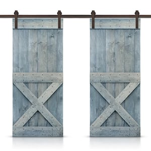 72 in. x 84 in. Mini X Series Denim Blue Stained DIY Solid Pine Wood Interior Double Sliding Barn Door With Hardware Kit