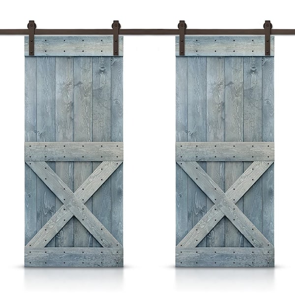 CALHOME 72 in. x 84 in. Mini X Series Denim Blue Stained DIY Solid Pine Wood Interior Double Sliding Barn Door With Hardware Kit