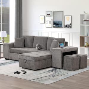 104.5 in. Knox Charcoal Full Size Sofa Bed with Storage Chaise, 2-Stools, Storage Compartment and Lumbar Pillows