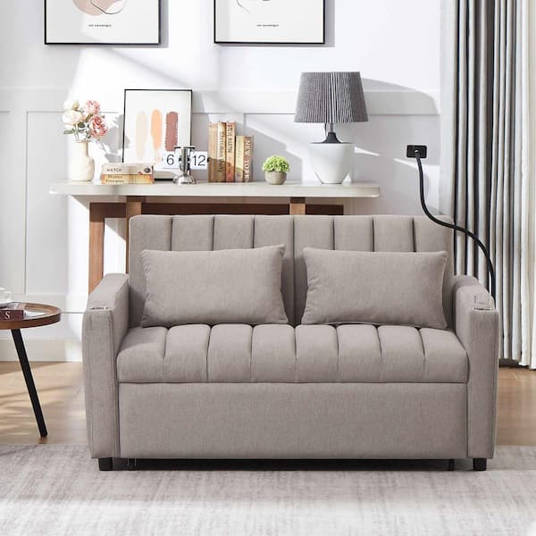 Polibi 55.9 in. Square Arm Polyester Rectangle Sofa with 3 USB Ports in Light Grey