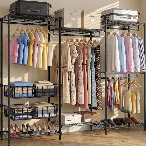 Black Heavy Duty Metal Freestanding Coat Rack with 4 Hanging Rods and Adjustable Wire Baskets