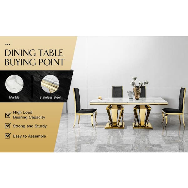 LUCKY ONE Marble Table 6-Piece Rectangle White Wood Top High