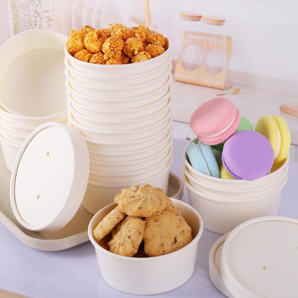 50 Set 5 oz. White Paper Ice Cream Cups with Lids Double Poly Coated Medium Hot or Cold Food Storage Container