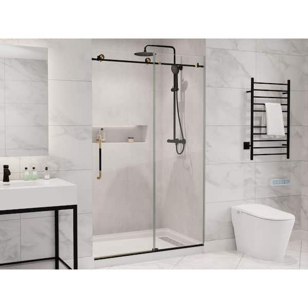 Madam Series 48 in. x 76 in. H Sliding Frameless Shower Door in Matte Black/Brushed Gold with Tsunami Guard Clear Glass