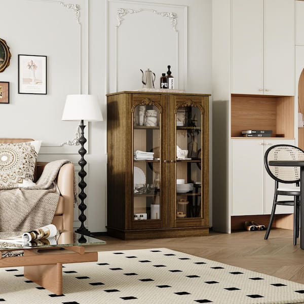 Burly Wood Grain 47.2 in. H Accent Storage Cabinet, Sideboard with 4-Shelves and 2-Glass Doors