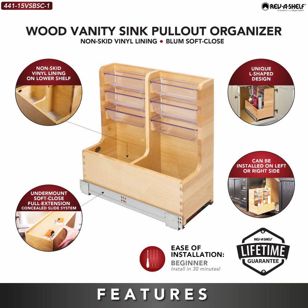 Maple Wood Under-Sink Cabinet Organizer with Chrome Rails and Soft-Close