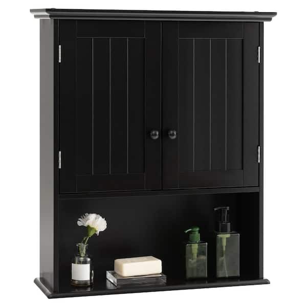 Basicwise Wall Mount Bathroom Mirrored Storage Cabinet with Open Shelf | 2  Adjustable Shelves Medicine Organizer Storage Furniture (Black)
