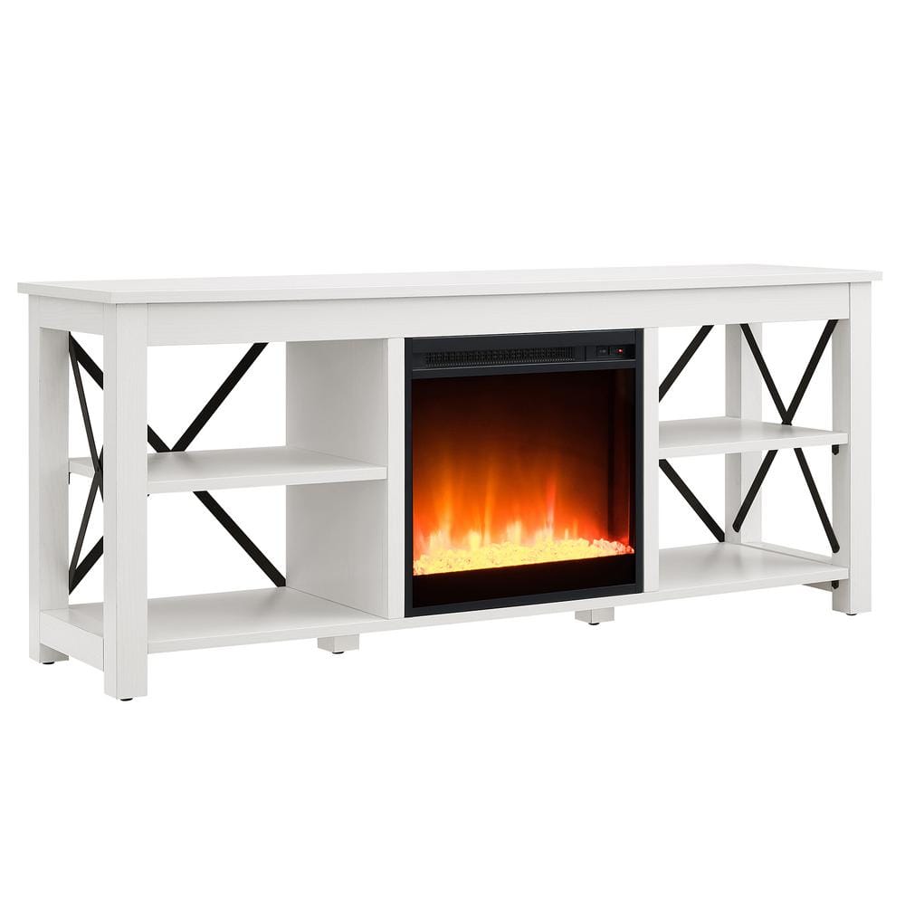 White Rectangular TV Stand with Crystal Fireplace Insert