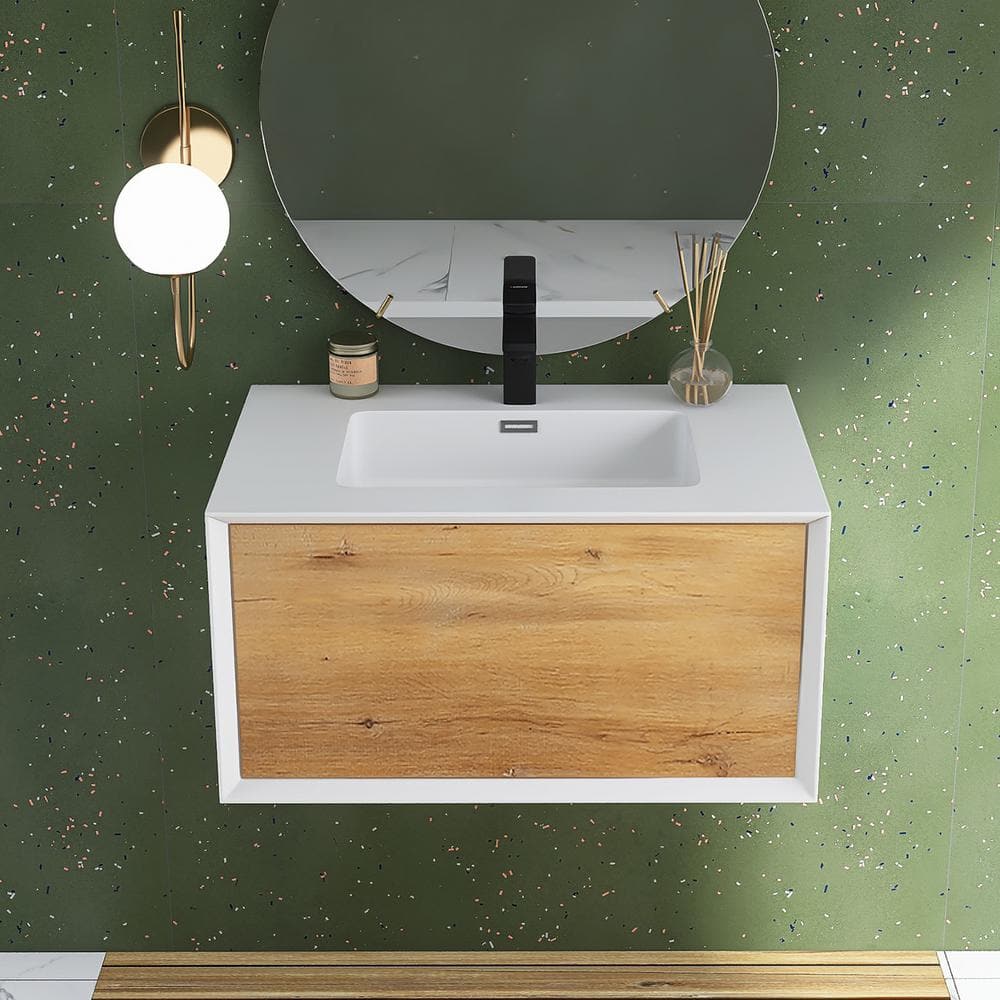 30 in. W x 19 in. D x 16 in. H Bath Vanity Cabinet in White and Oak with White Solid Surface Top price history on PriceWatchPro