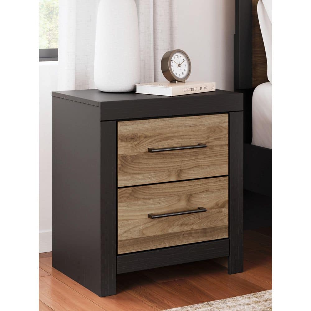 Black and Brown 2-Drawer Nightstand with USB Ports