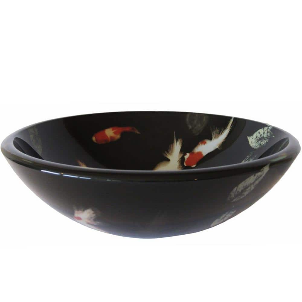 19'' Black and Orange Glass Vessel Sink with Koi Design