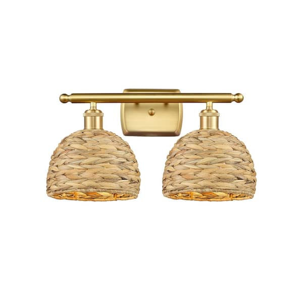 Woven Rattan 18 in. 2-Light Satin Gold Vanity Light with Rattan Shade