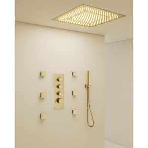Thermostatic Valve 7-Spray 20 in. LED Ceiling Mount Dual Shower Head and Handheld Shower 2.5 GPM in Brushed Gold