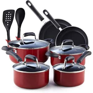 12-Piece Nonstick Aluminum Stay Cool Handle Cookware Set in Red Marble Pattern