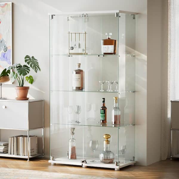 Modern White 64.2 in. Display Cabinet with 3 Shelves and Tempered Glass Doors