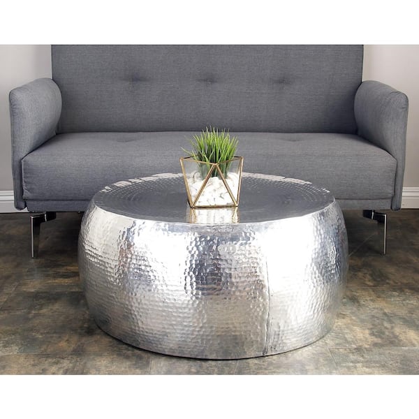 Litton Lane 30 in. Silver Round Aluminum Drum Shaped Coffee Table with Hammered Design