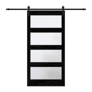 42 in. x 84 in. 4-Lite Tempered Frosted Glass Black Prefinished MDF Sliding Barn Door with Hardware Kit