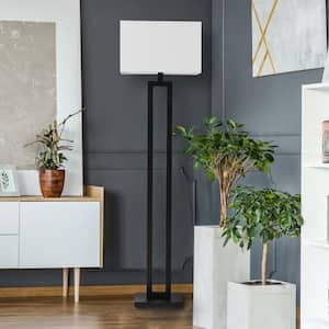 D'Alessio 58 in. Matte Black Floor Lamp with White Linen Shade