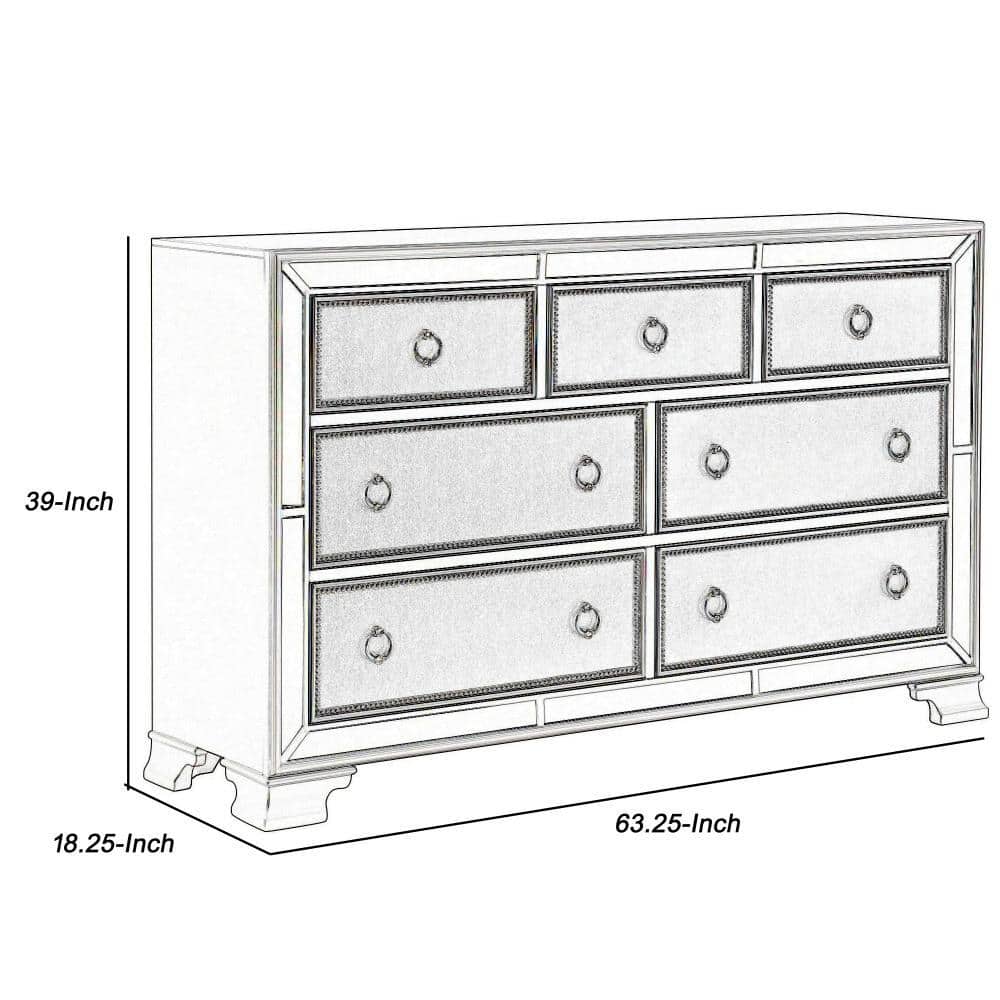 White Glam 7-Drawer Dresser with Mirror Trim and Ring Pulls