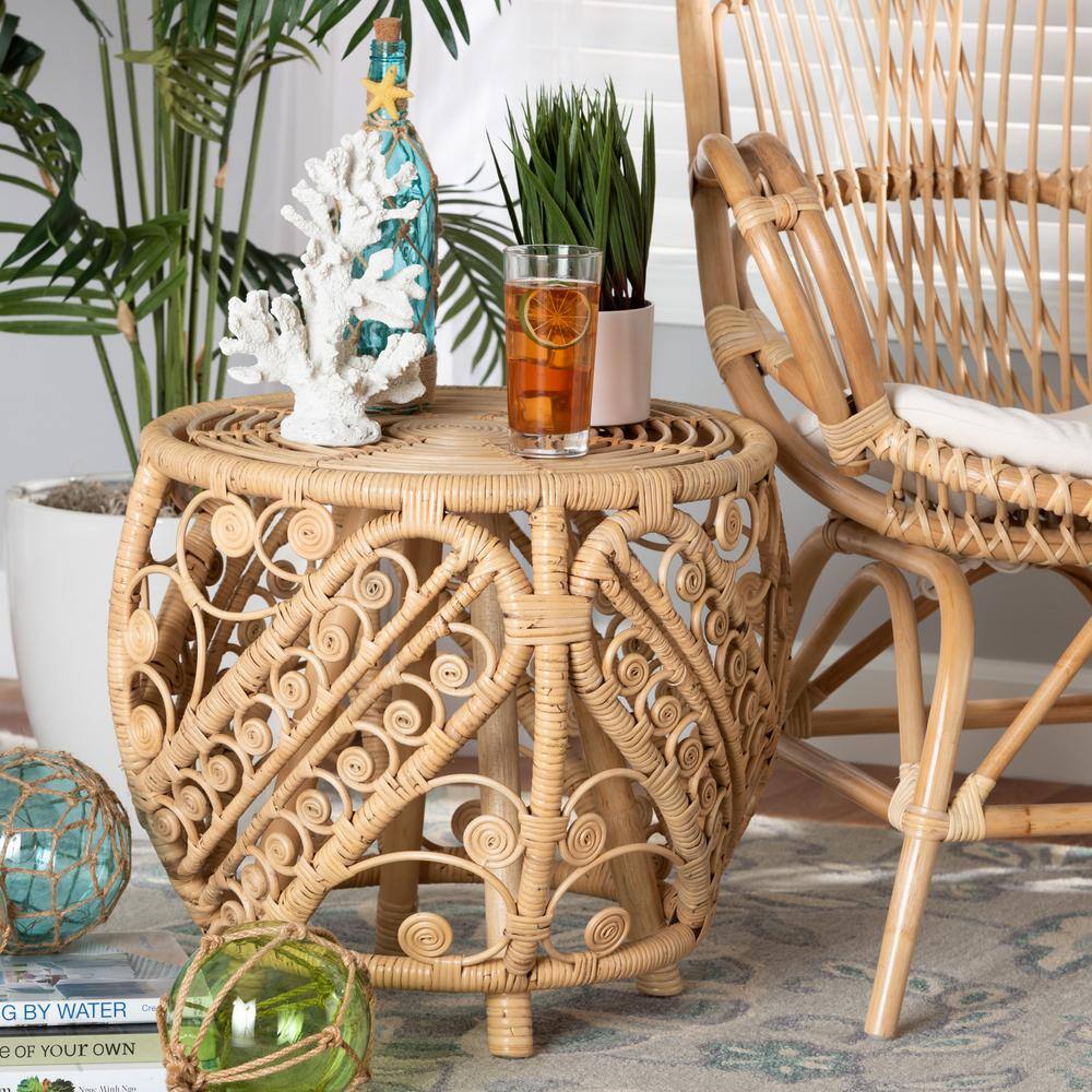Bohemian Natural Rattan Round End Table with Geometric Accents