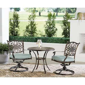 Renditions 3-Piece Aluminum Outdoor Dining Set with Sunbrella Mist Blue Cushions 2 Swivel Rockers and 32 in. Table