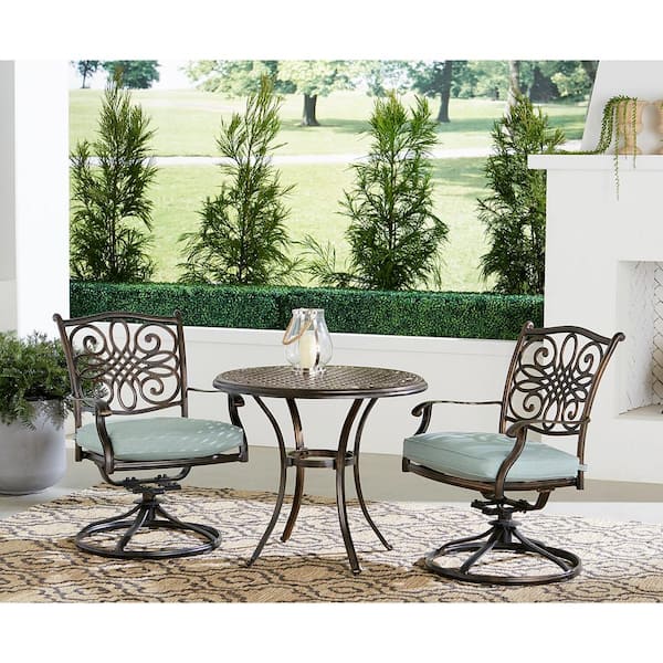 Agio Renditions 3-Piece Aluminum Outdoor Dining Set with Sunbrella Mist Blue Cushions 2 Swivel Rockers and 32 in. Table