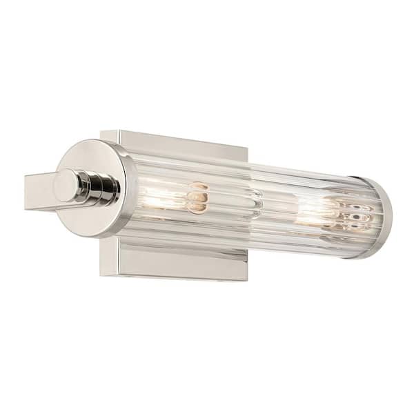 Azores 16 in. 2-Light Polished Nickel Vintage Industrial Bathroom Vanity Light with Clear Fluted Glass
