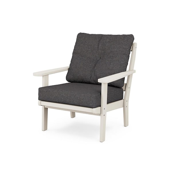POLYWOOD Mission Plastic Outdoor Deep Seating Chair in Sand with Ash Charcoal Cushion