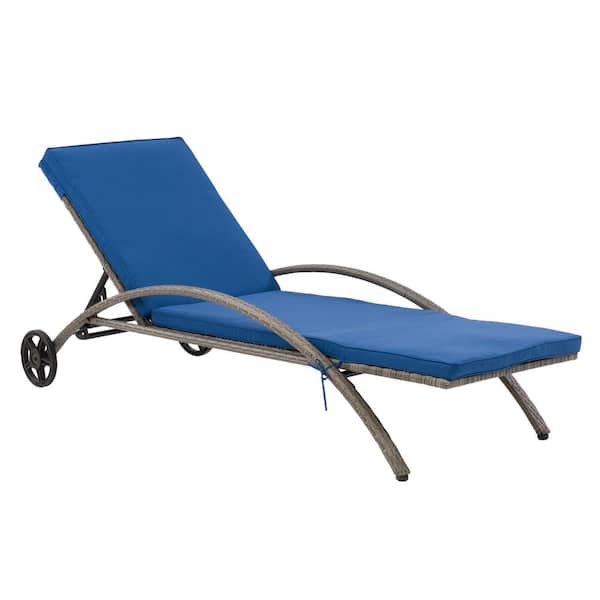 CorLiving Parksville Blended Grey Rust Proof Resin Wicker Outdoor Lounge Chair with Oxford Blue Cushion