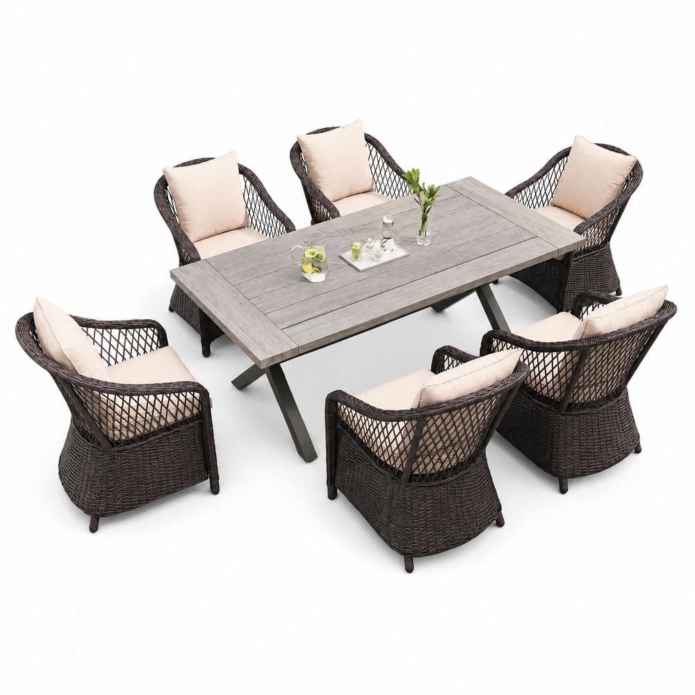 7-Piece Wicker Rectangular Outdoor Dining Set with Flax Cushions