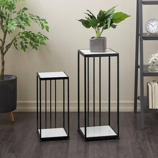 Litton Lane Large Black Metal Geometric Rectangular Rod Plantstand with Marble Tabletops (Set of 2)