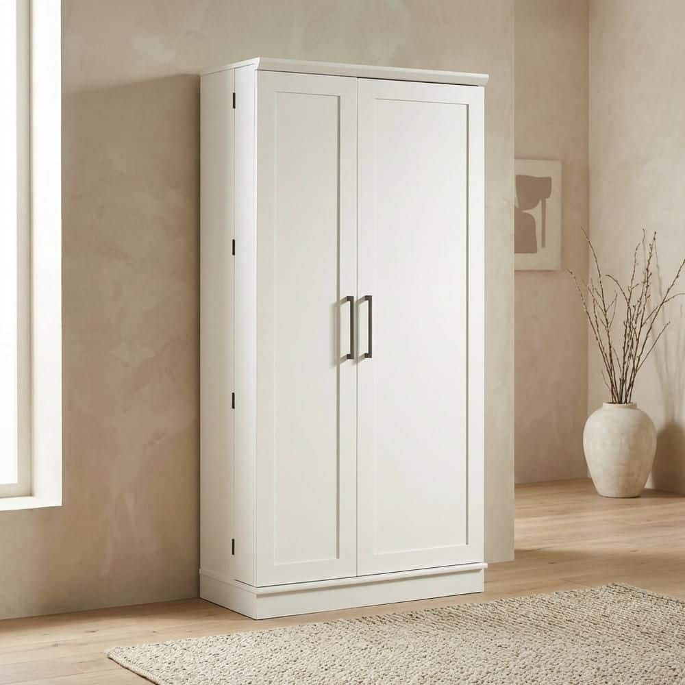Soft White Storage Cabinet with Adjustable Shelves, Traditional Style