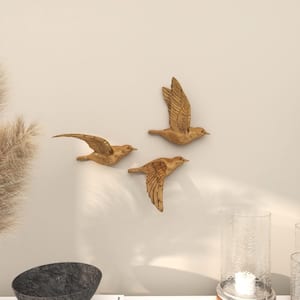 Deco 79 Teak Wood Bird Handmade Carved Feather Wall Decor, Set of 3 7W,  27H, Brown