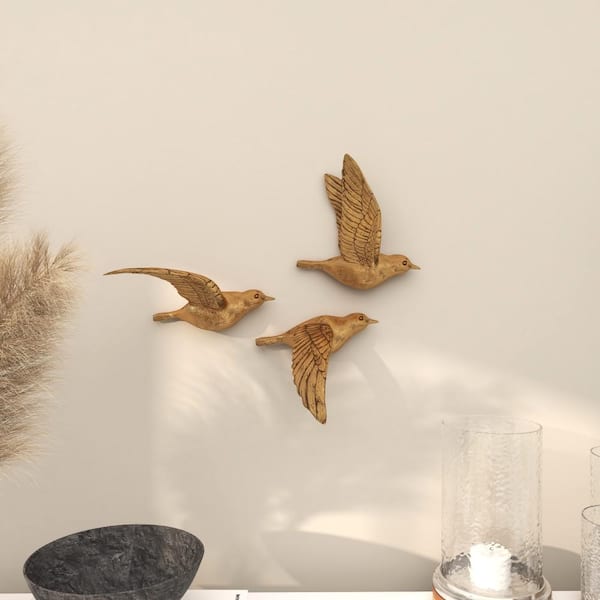 Litton Lane Resin Gold Metallic 3D Sculpted Floating Bird Wall Decor (Set of 3)