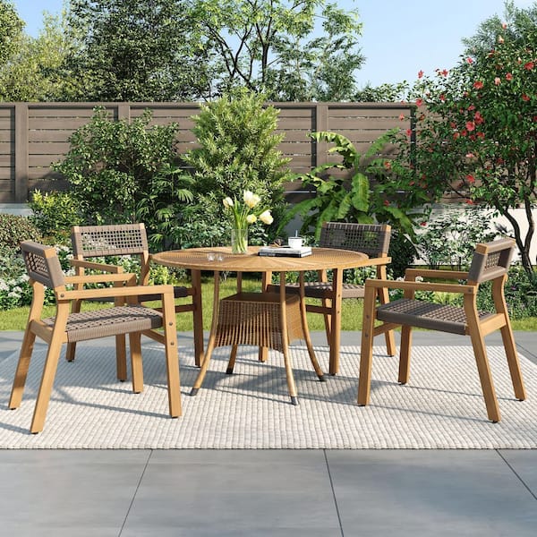 CHRISTOPHER KNIGHT HOME Finley Grey Rope Woven and Solid Wood Patio Outdoor Dining Chairs, Light Teak, Set of 4