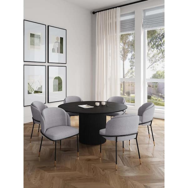 Manhattan Comfort Hathaway and Flor 7-Piece Round Grey and Black Solid Wood Top Dining Room Set Seats 6