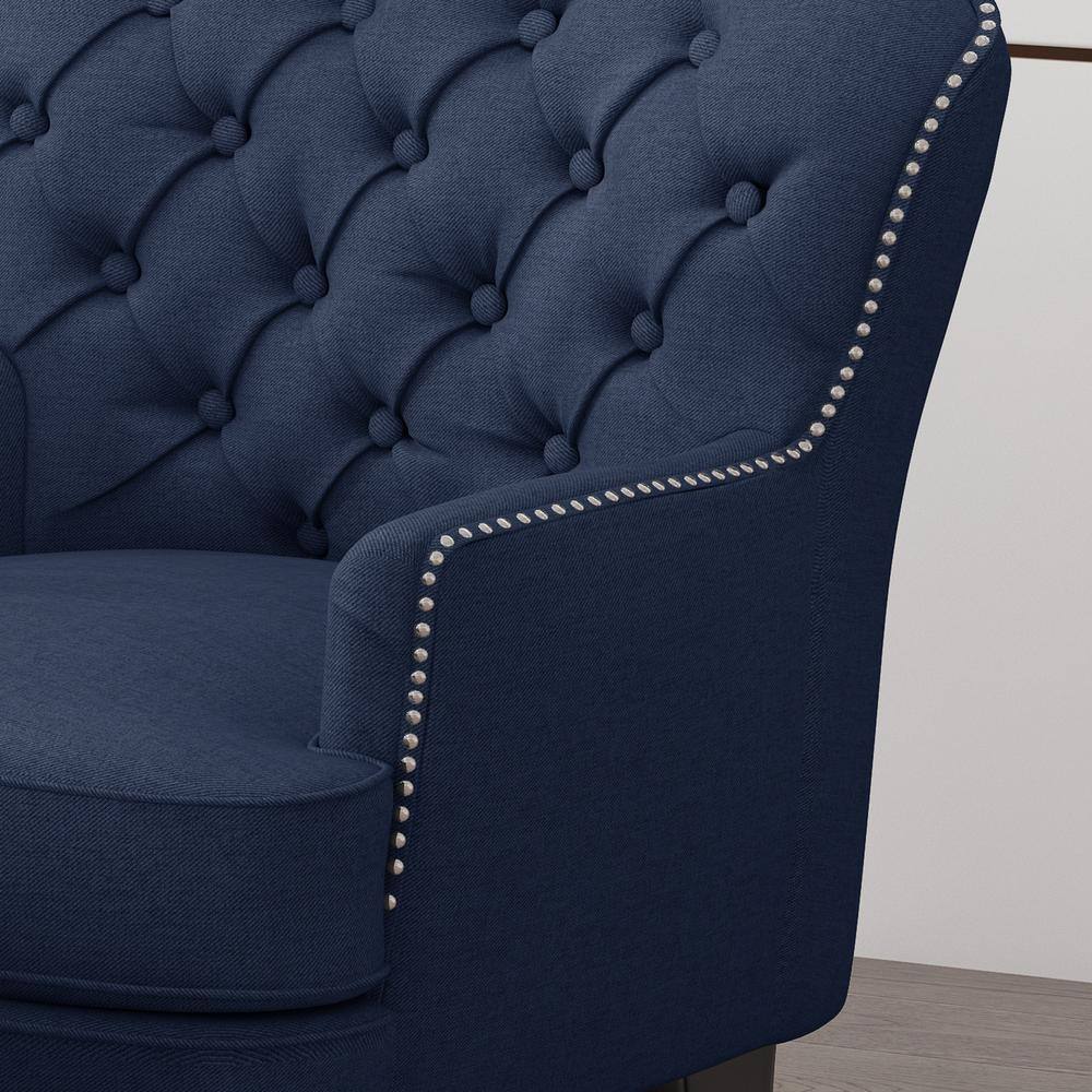 Dark Brown and Blue Handcrafted Wood Club Chair with Flared Arms