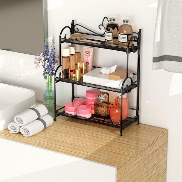 3 Tier Foldable Iron Countertop Organizer Rack Black, Space Saving Bathroom Kitchen Makeup Spice Storage Shelf